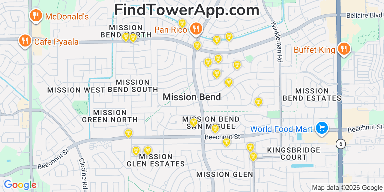 Map showing the 20 primary cell tower locations detected in Mission Bend, Texas from AT&T, Verizon, and T-Mobile networks
