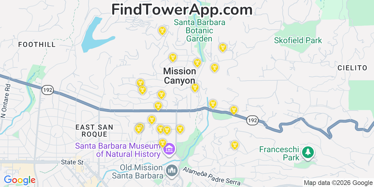 Map showing the 20 primary cell tower locations detected in Mission Canyon, California from AT&T, Verizon, and T-Mobile networks