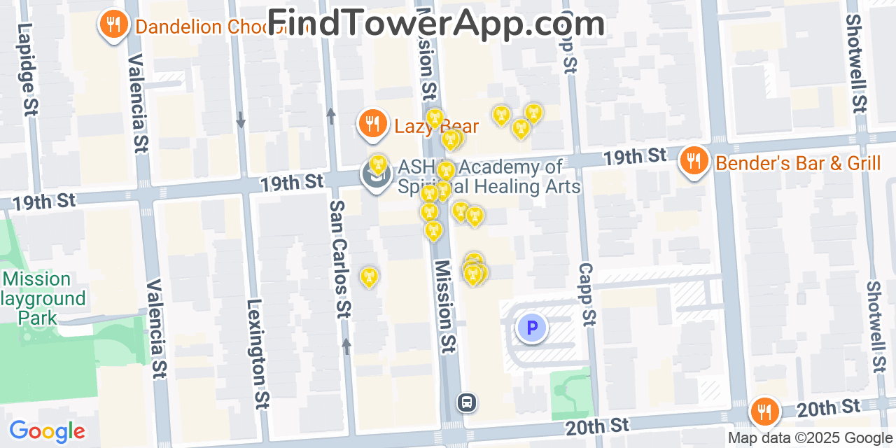 Map showing the 20 primary cell tower locations detected in Mission District, California from AT&T, Verizon, and T-Mobile networks