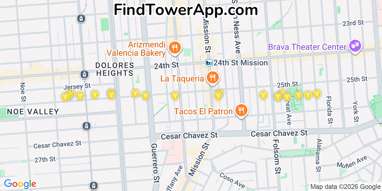 Map showing the 20 primary cell tower locations detected in Mission District, California from AT&T, Verizon, and T-Mobile networks