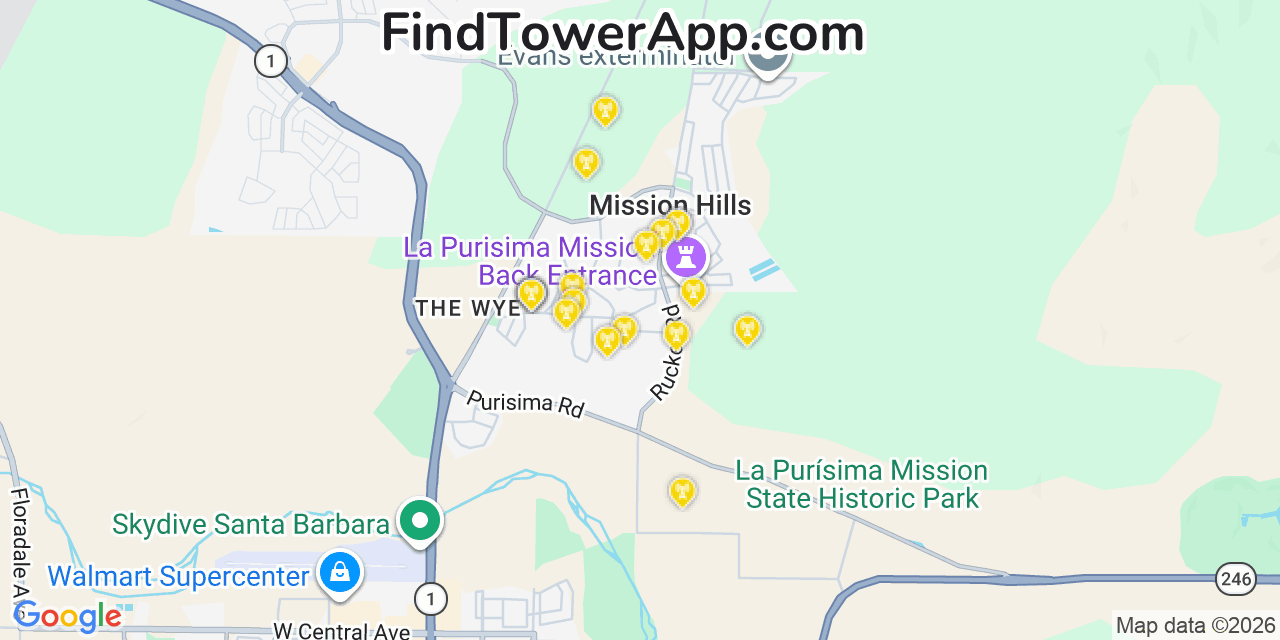 Map showing the 20 primary cell tower locations detected in Mission Hills, California from AT&T, Verizon, and T-Mobile networks