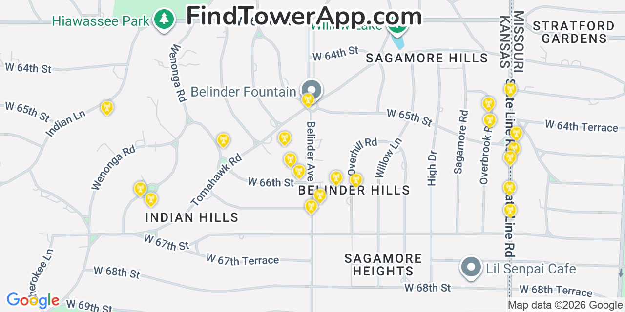 Map showing the 20 primary cell tower locations detected in Mission Hills, Kansas from AT&T, Verizon, and T-Mobile networks