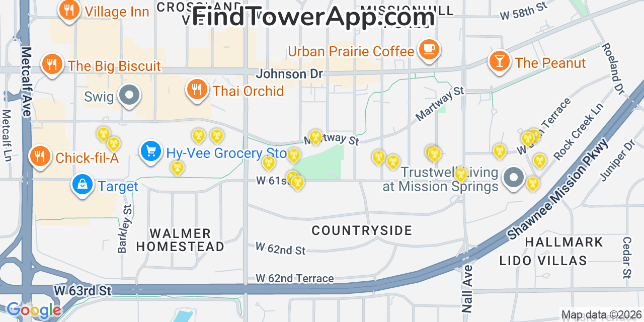 Map showing the 20 primary cell tower locations detected in Mission, Kansas from AT&T, Verizon, and T-Mobile networks