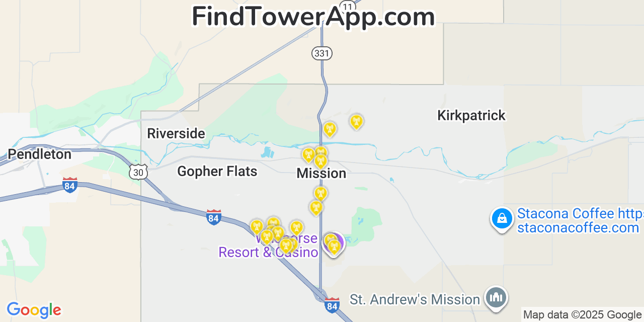 Map showing the 20 primary cell tower locations detected in Mission, Oregon from AT&T, Verizon, and T-Mobile networks