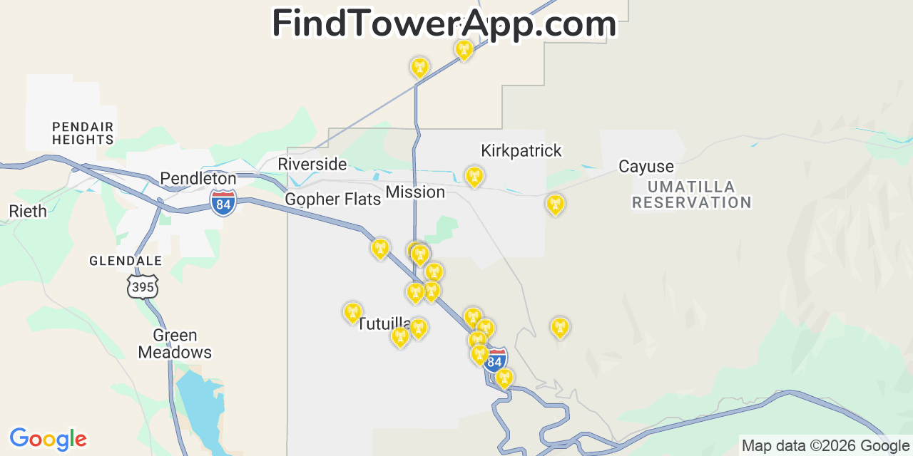 Map showing the 20 primary cell tower locations detected in Mission, Oregon from AT&T, Verizon, and T-Mobile networks