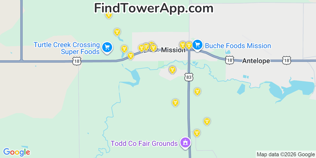 Map showing the 20 primary cell tower locations detected in Mission, South Dakota from AT&T, Verizon, and T-Mobile networks
