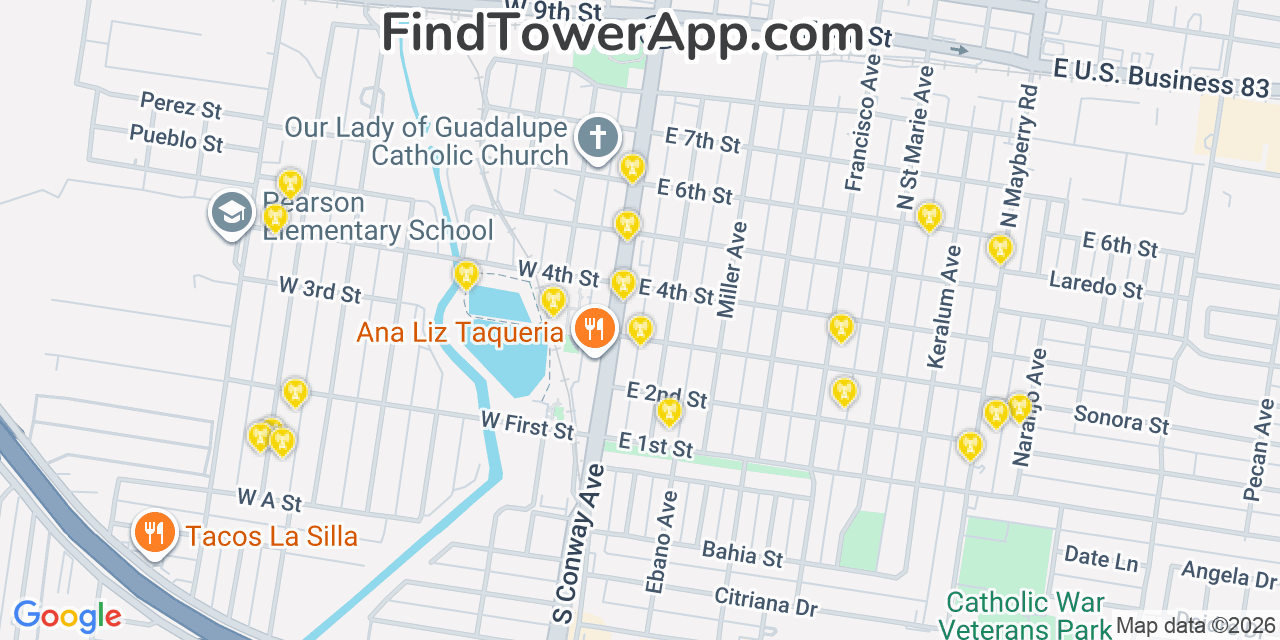 Map showing the 20 primary cell tower locations detected in Mission, Texas from AT&T, Verizon, and T-Mobile networks