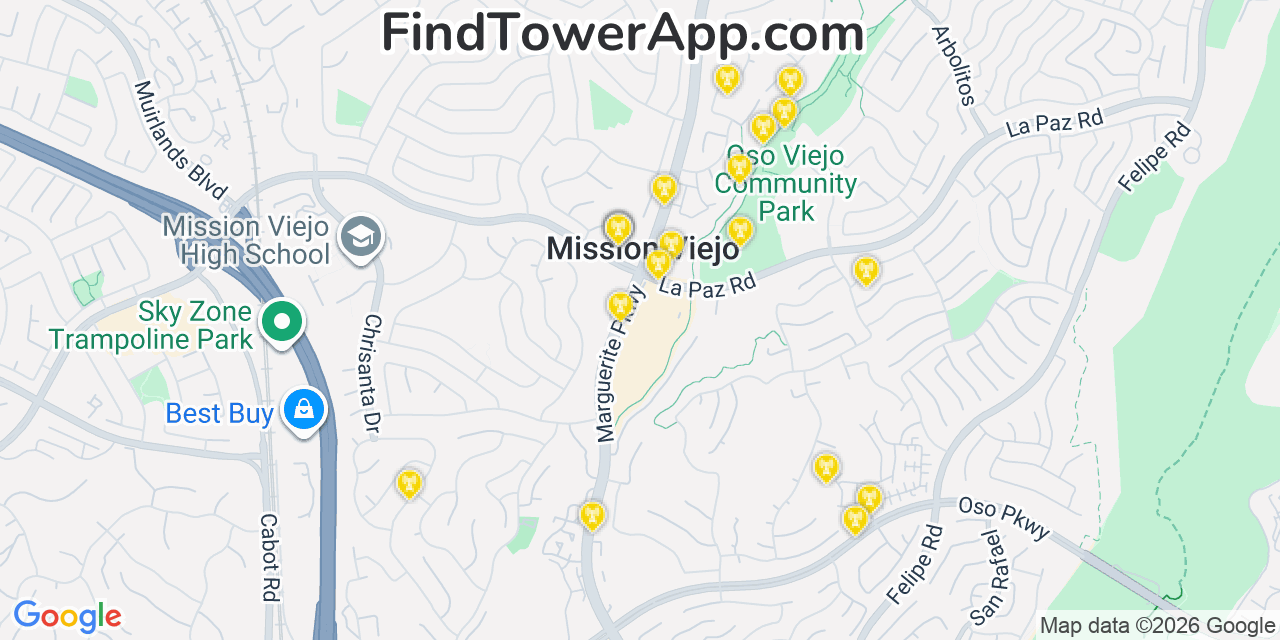 Map showing the 20 primary cell tower locations detected in Mission Viejo, California from AT&T, Verizon, and T-Mobile networks