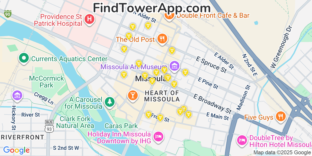 Map showing the 20 primary cell tower locations detected in Missoula, Montana from AT&T, Verizon, and T-Mobile networks