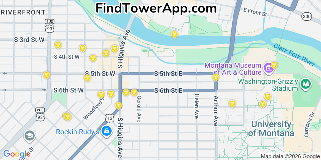 Map showing the 20 primary cell tower locations detected in Missoula, Montana from AT&T, Verizon, and T-Mobile networks
