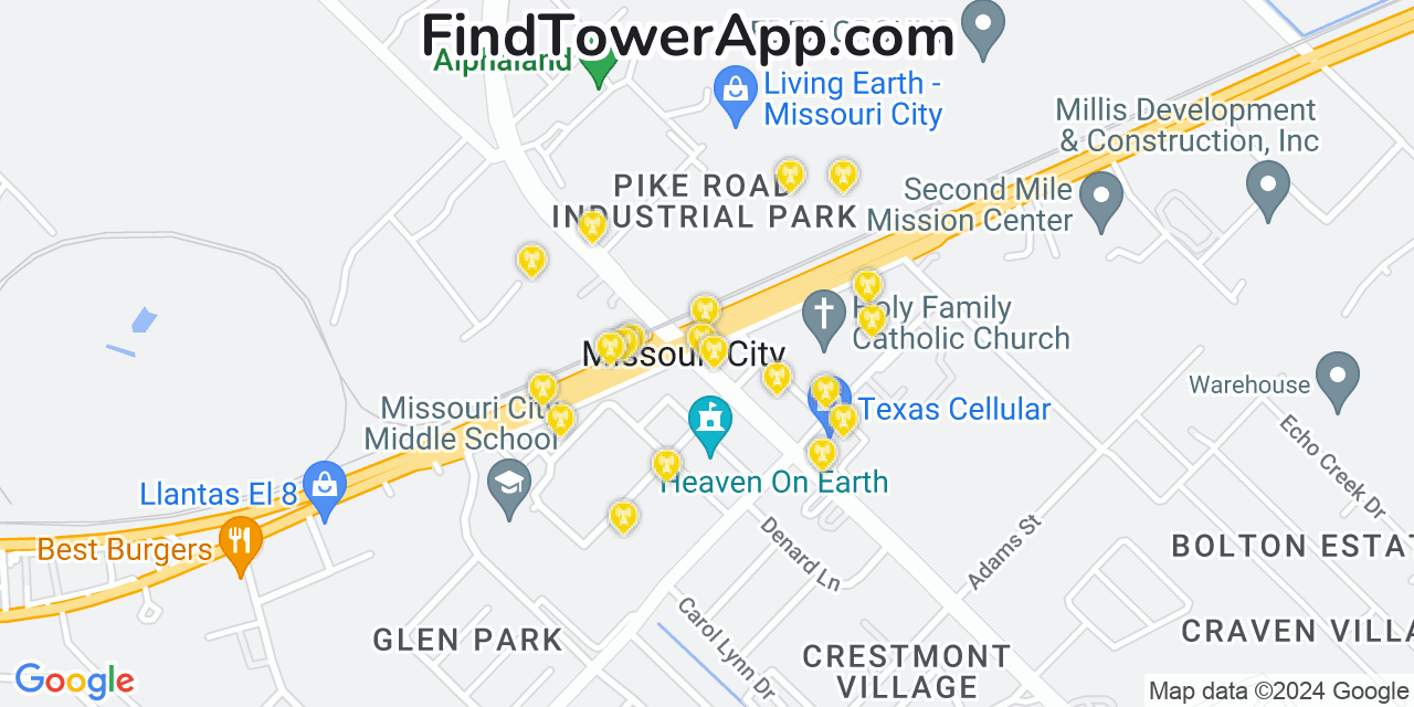 AT&T 4G/5G cell tower coverage map Missouri City, Texas