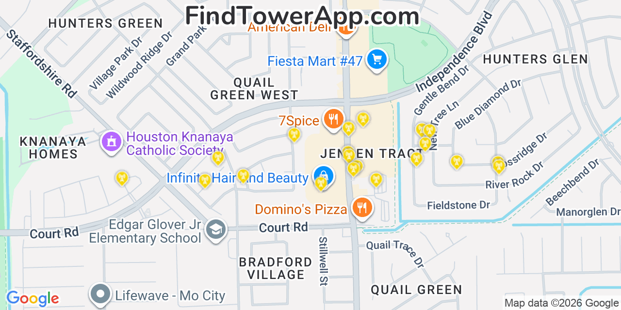 Map showing the 20 primary cell tower locations detected in Missouri City, Texas from AT&T, Verizon, and T-Mobile networks