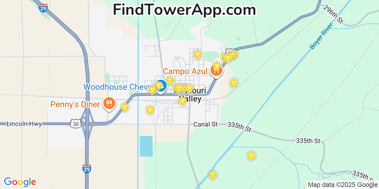 Map showing the 20 primary cell tower locations detected in Missouri Valley, Iowa from AT&T, Verizon, and T-Mobile networks