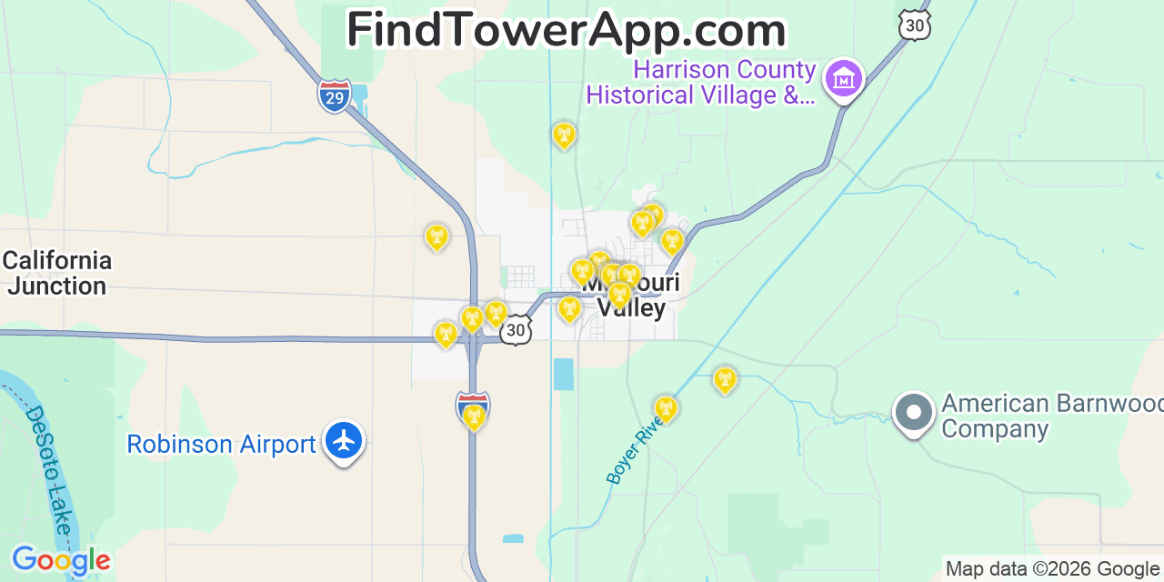 Map showing the 20 primary cell tower locations detected in Missouri Valley, Iowa from AT&T, Verizon, and T-Mobile networks
