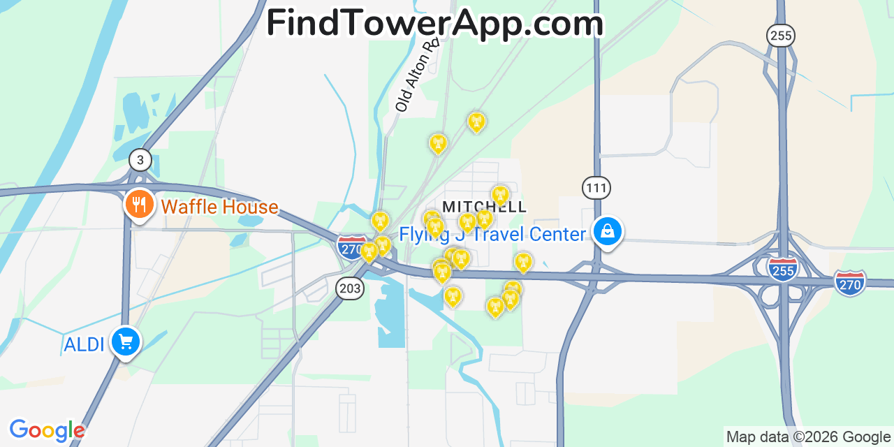 Map showing the 20 primary cell tower locations detected in Mitchell, Illinois from AT&T, Verizon, and T-Mobile networks
