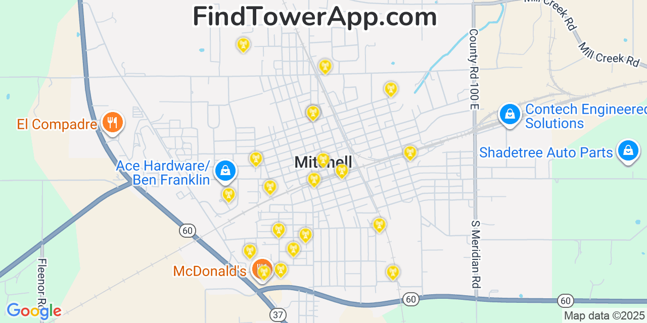 Map showing the 20 primary cell tower locations detected in Mitchell, Indiana from AT&T, Verizon, and T-Mobile networks