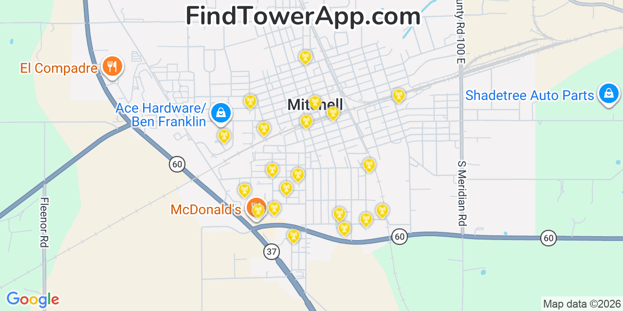 Map showing the 20 primary cell tower locations detected in Mitchell, Indiana from AT&T, Verizon, and T-Mobile networks