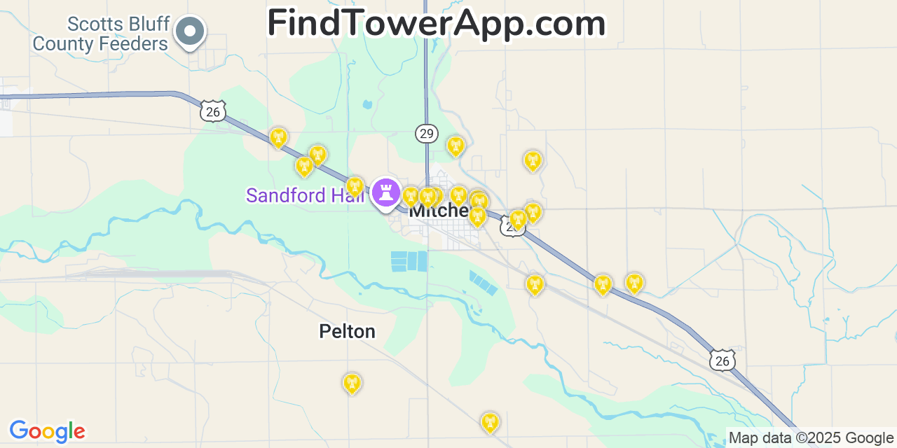 Map showing the 20 primary cell tower locations detected in Mitchell, Nebraska from AT&T, Verizon, and T-Mobile networks
