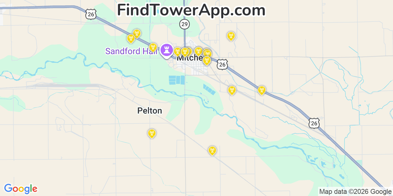 Map showing the 20 primary cell tower locations detected in Mitchell, Nebraska from AT&T, Verizon, and T-Mobile networks