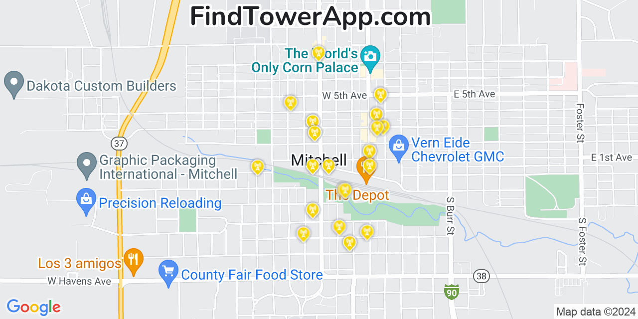 AT&T 4G/5G cell tower coverage map Mitchell, South Dakota