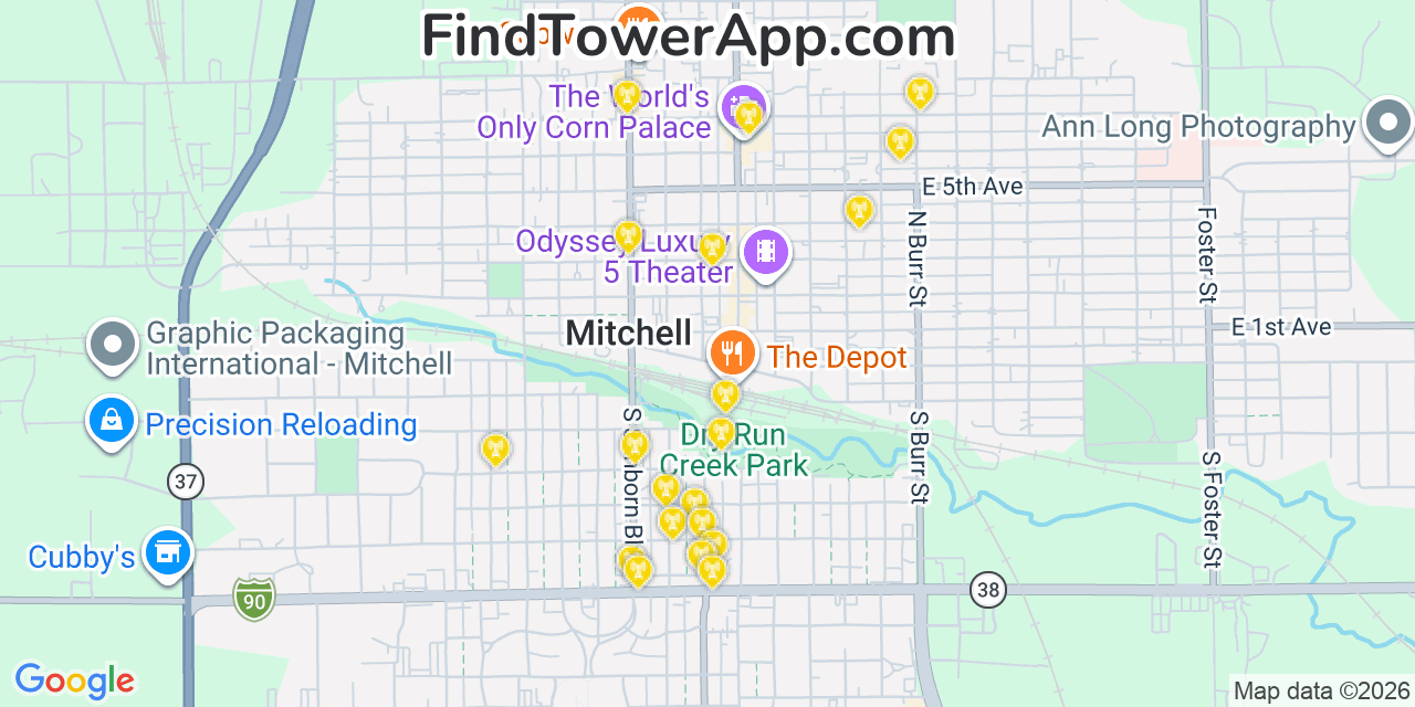 Map showing the 20 primary cell tower locations detected in Mitchell, South Dakota from AT&T, Verizon, and T-Mobile networks