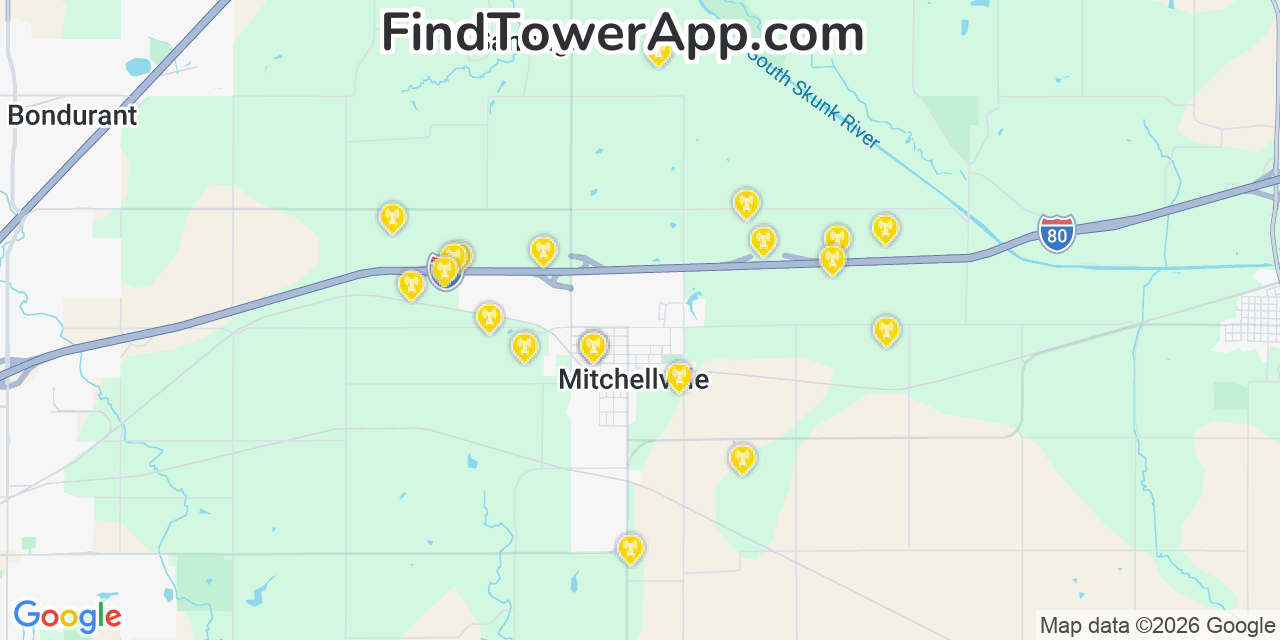 Map showing the 20 primary cell tower locations detected in Mitchellville, Iowa from AT&T, Verizon, and T-Mobile networks