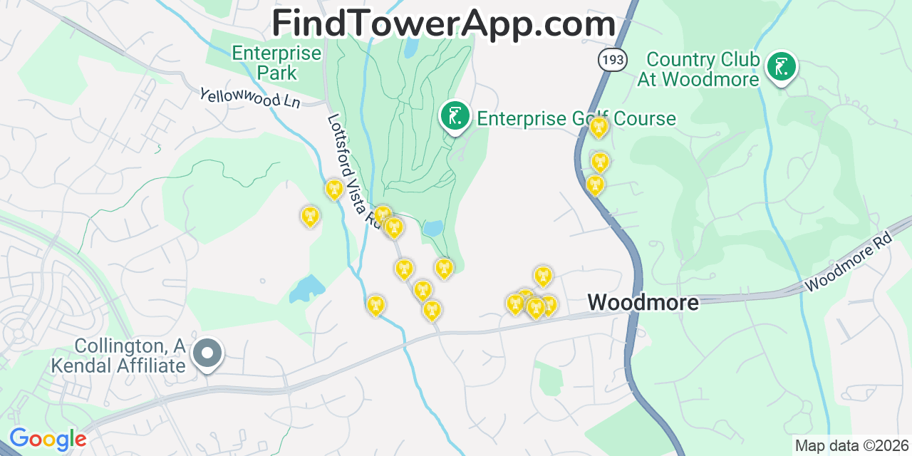 Map showing the 20 primary cell tower locations detected in Mitchellville, Maryland from AT&T, Verizon, and T-Mobile networks