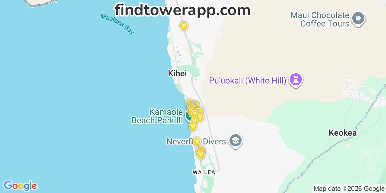 Map showing the 20 primary AT&T cell tower locations detected in Mﾐｴﾒ徒Aha, Hawaii with coverage radius and signal strength indicators