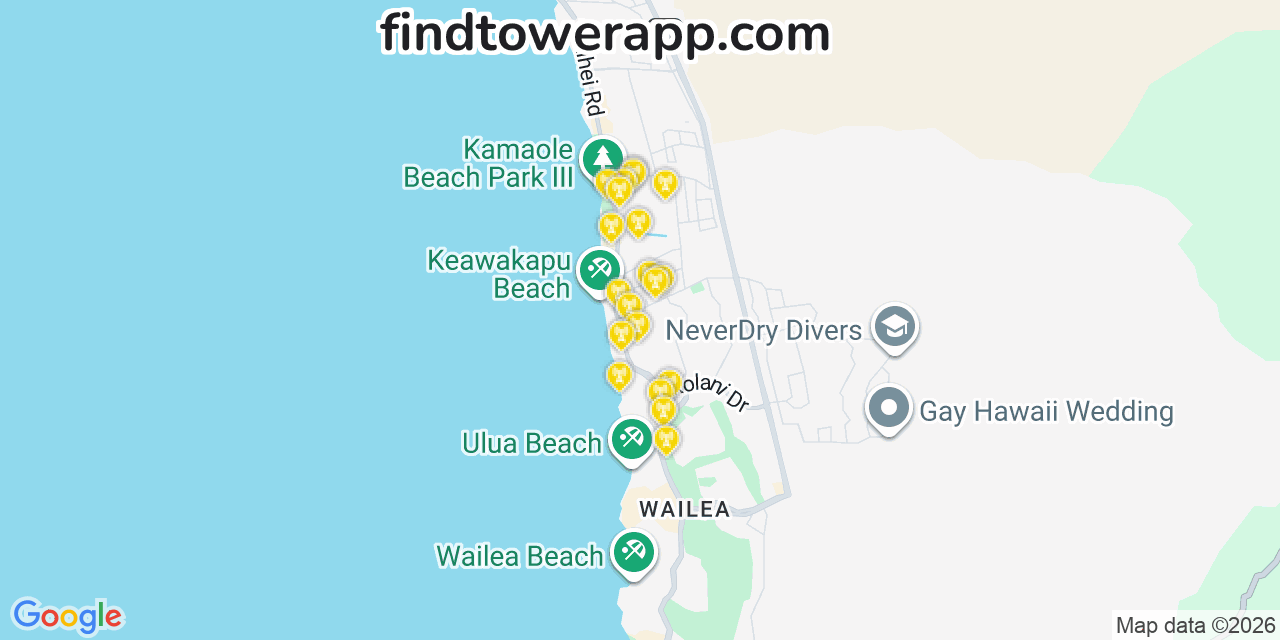Map showing the 20 primary cell tower locations detected in Mﾐｴﾒ徒Aha, Hawaii from AT&T, Verizon, and T-Mobile networks