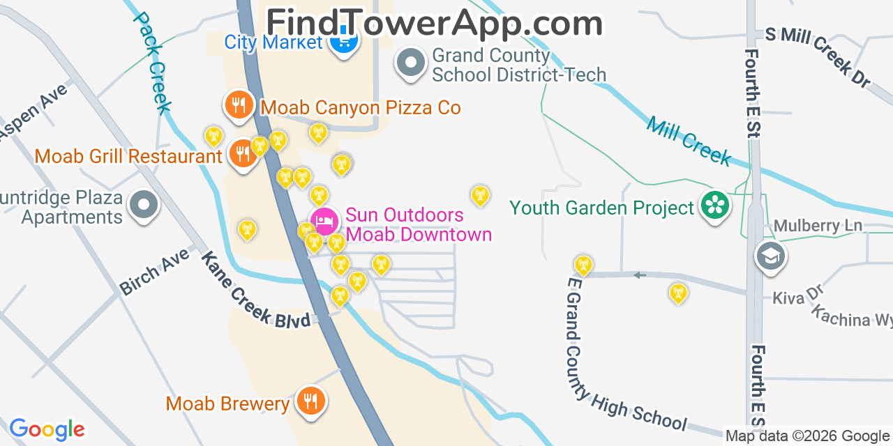 Map showing the 20 primary cell tower locations detected in Moab, Utah from AT&T, Verizon, and T-Mobile networks