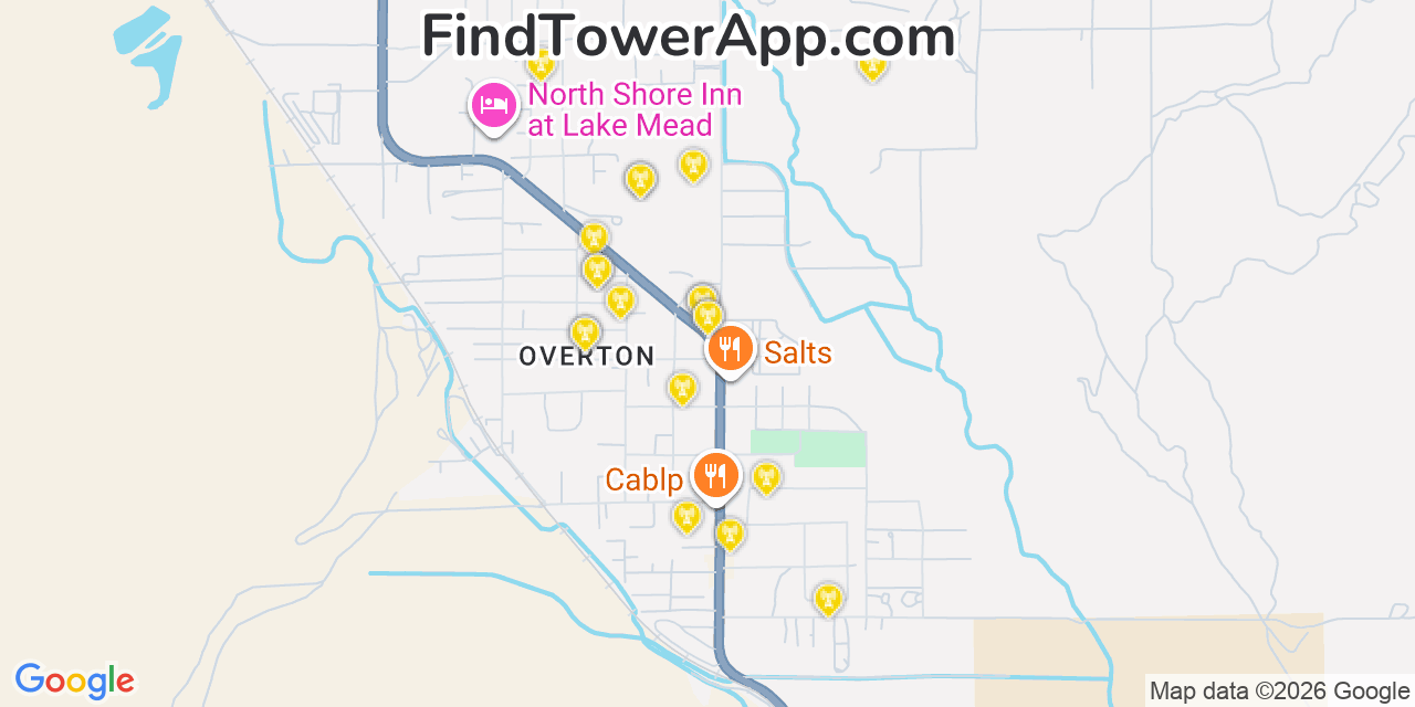 Map showing the 20 primary cell tower locations detected in Moapa Town, Nevada from AT&T, Verizon, and T-Mobile networks