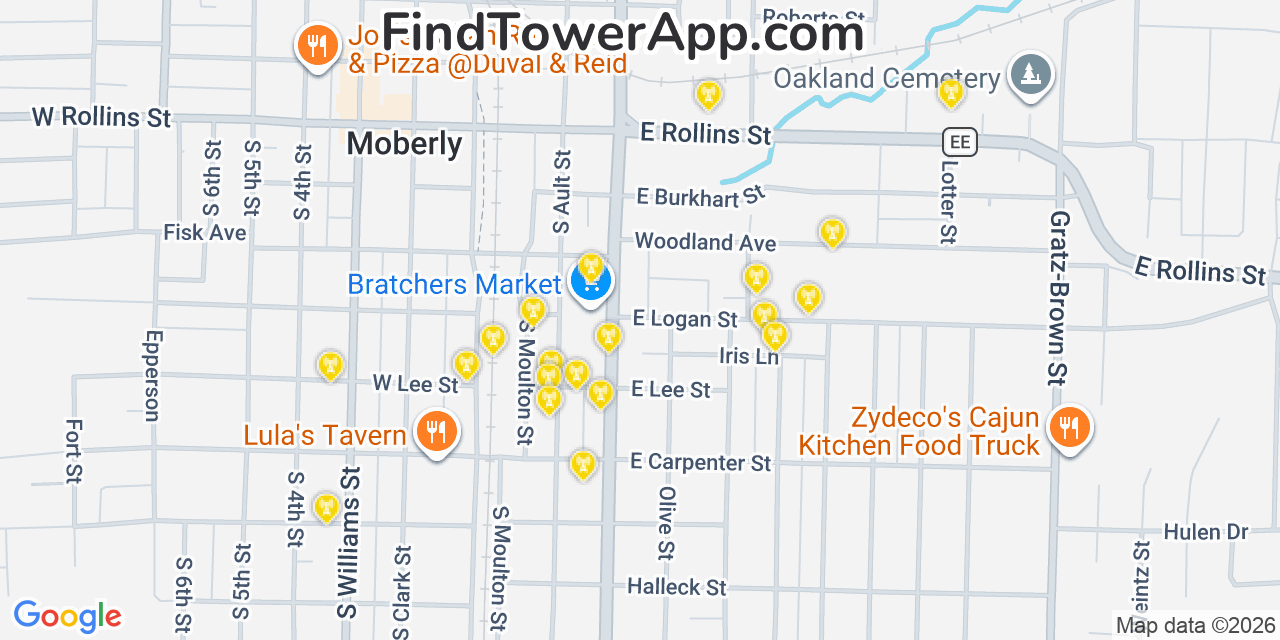 Map showing the 20 primary cell tower locations detected in Moberly, Missouri from AT&T, Verizon, and T-Mobile networks
