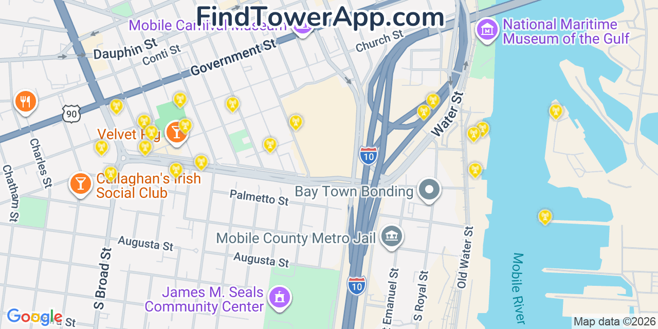Map showing the 20 primary cell tower locations detected in Mobile, Alabama from AT&T, Verizon, and T-Mobile networks