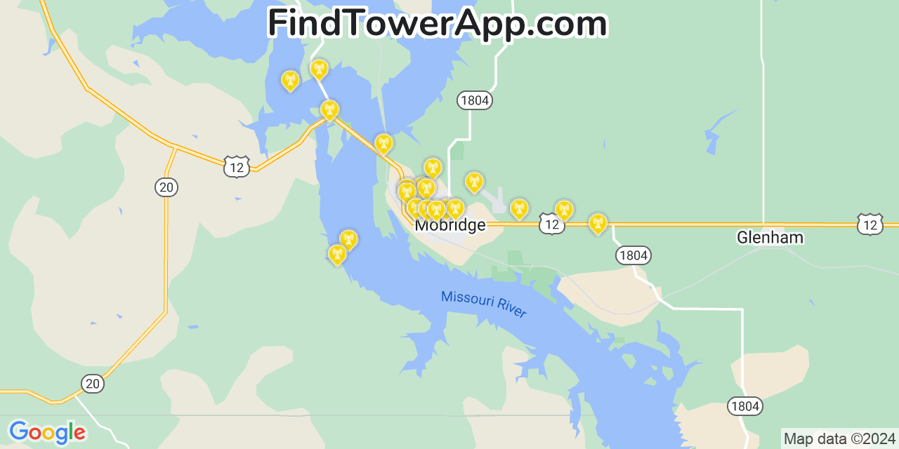 AT&T 4G/5G cell tower coverage map Mobridge, South Dakota