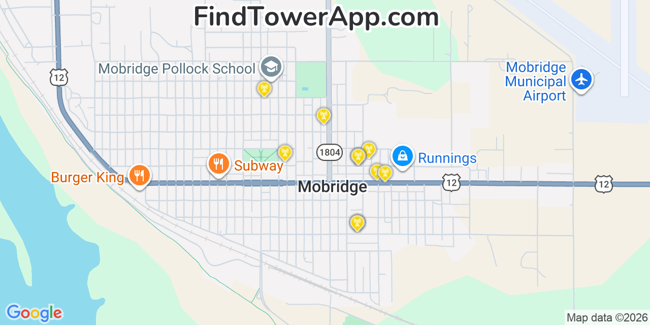 Map showing the 20 primary cell tower locations detected in Mobridge, South Dakota from AT&T, Verizon, and T-Mobile networks