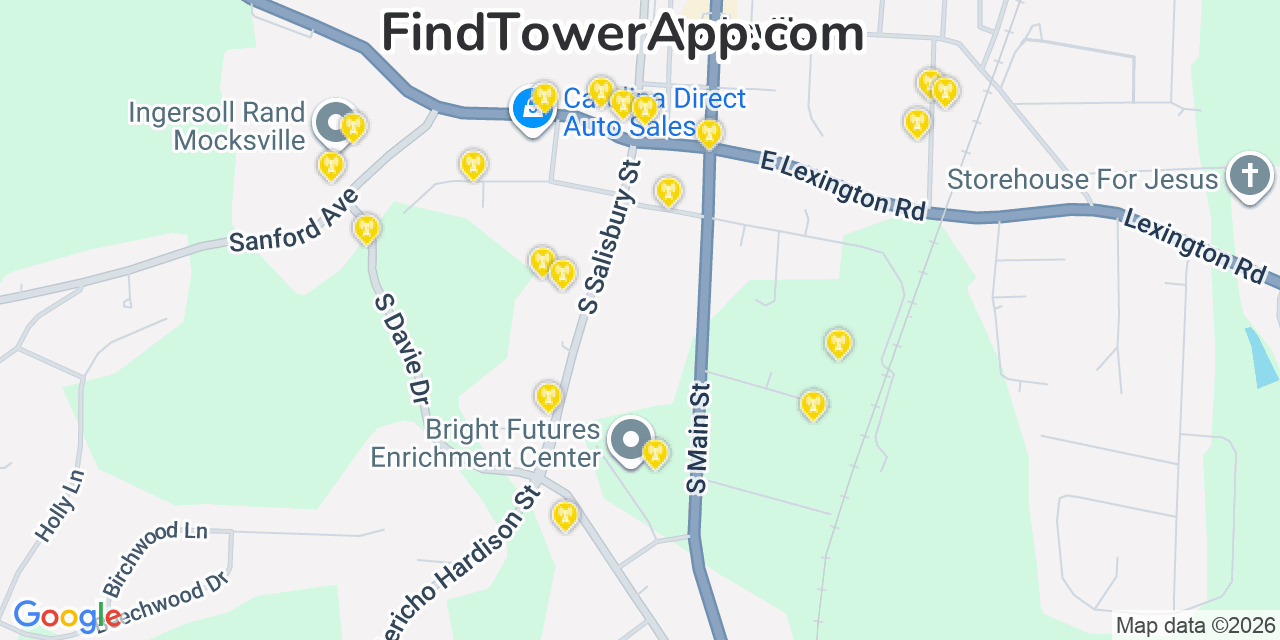 Map showing the 20 primary cell tower locations detected in Mocksville, North Carolina from AT&T, Verizon, and T-Mobile networks