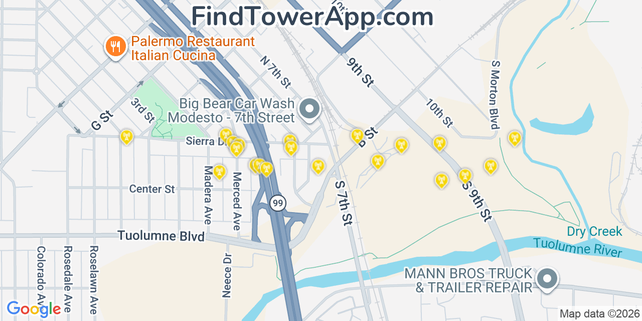 Map showing the 20 primary cell tower locations detected in Modesto, California from AT&T, Verizon, and T-Mobile networks