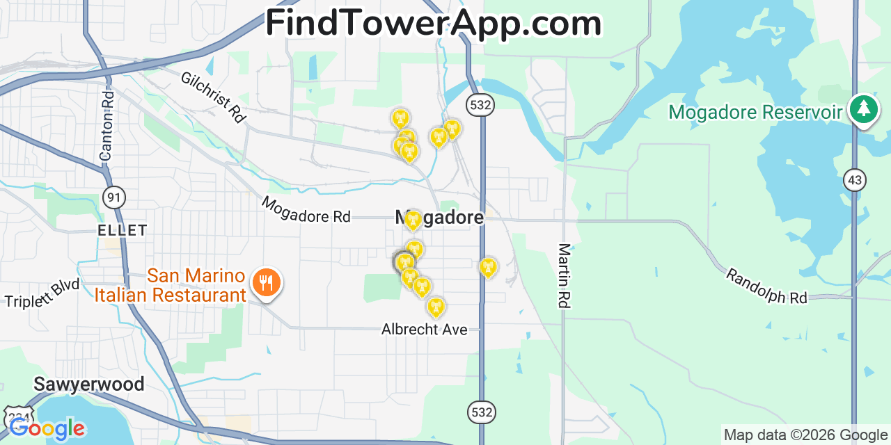 Map showing the 20 primary cell tower locations detected in Mogadore, Ohio from AT&T, Verizon, and T-Mobile networks