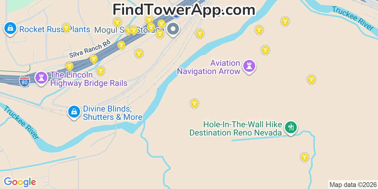Map showing the 20 primary cell tower locations detected in Mogul, Nevada from AT&T, Verizon, and T-Mobile networks