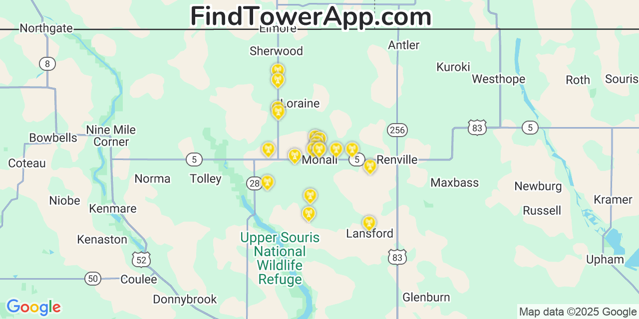 Map showing the 20 primary cell tower locations detected in Mohall, North Dakota from AT&T, Verizon, and T-Mobile networks