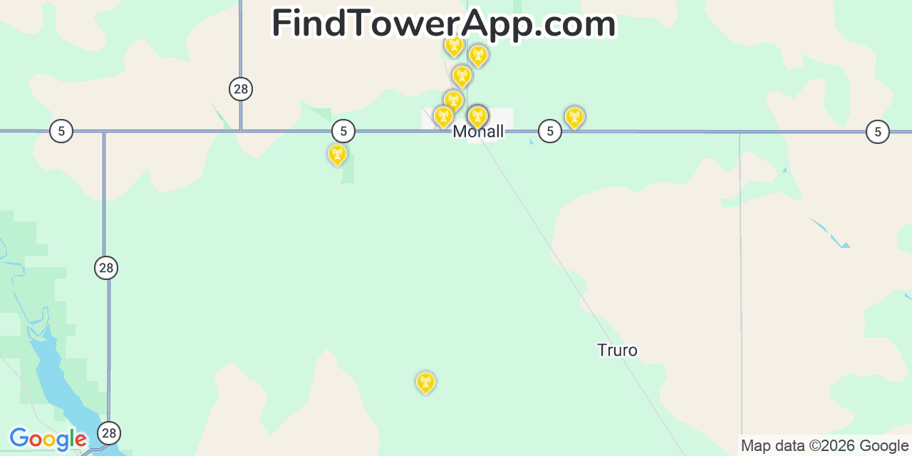 Map showing the 20 primary cell tower locations detected in Mohall, North Dakota from AT&T, Verizon, and T-Mobile networks