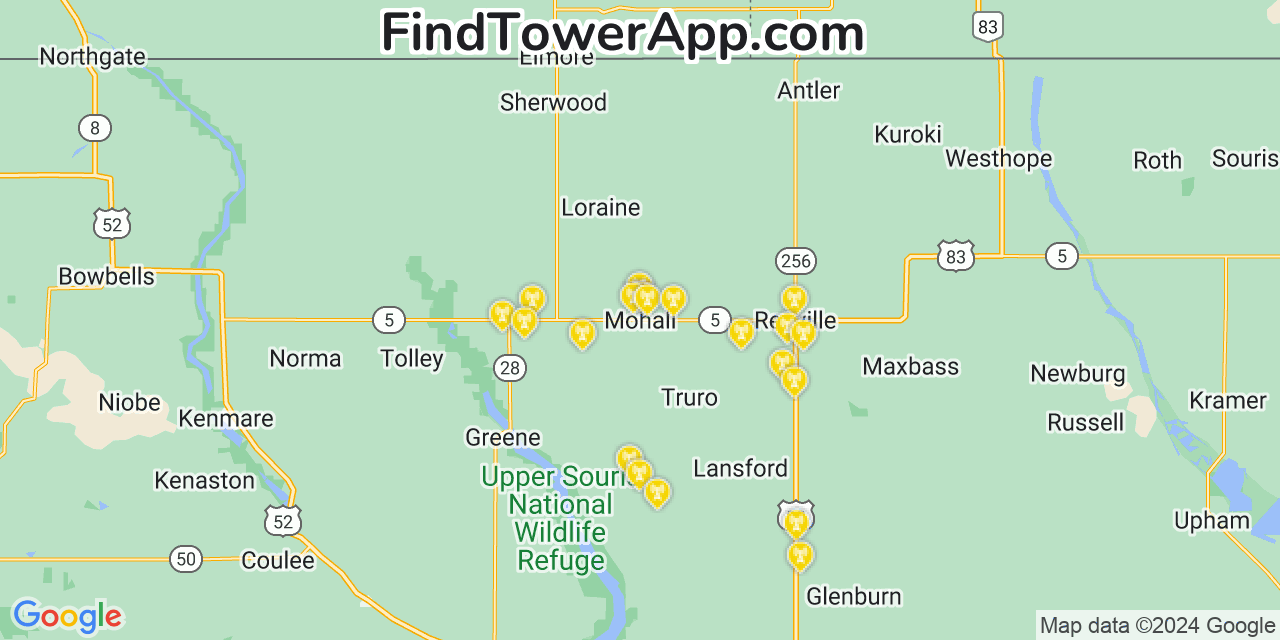 Verizon 4G/5G cell tower coverage map Mohall, North Dakota