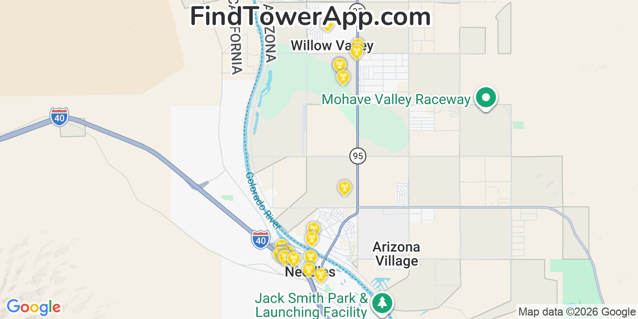 Map showing the 20 primary cell tower locations detected in Mohave Valley, Arizona from AT&T, Verizon, and T-Mobile networks