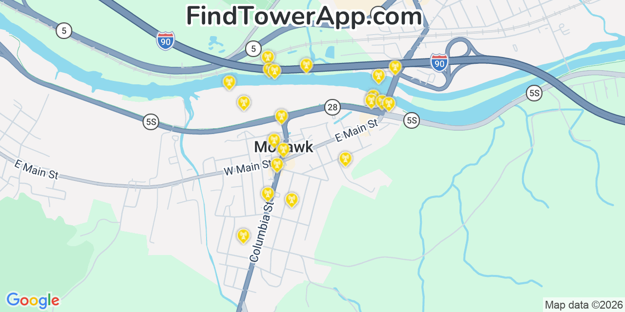Map showing the 20 primary cell tower locations detected in Mohawk, New York from AT&T, Verizon, and T-Mobile networks