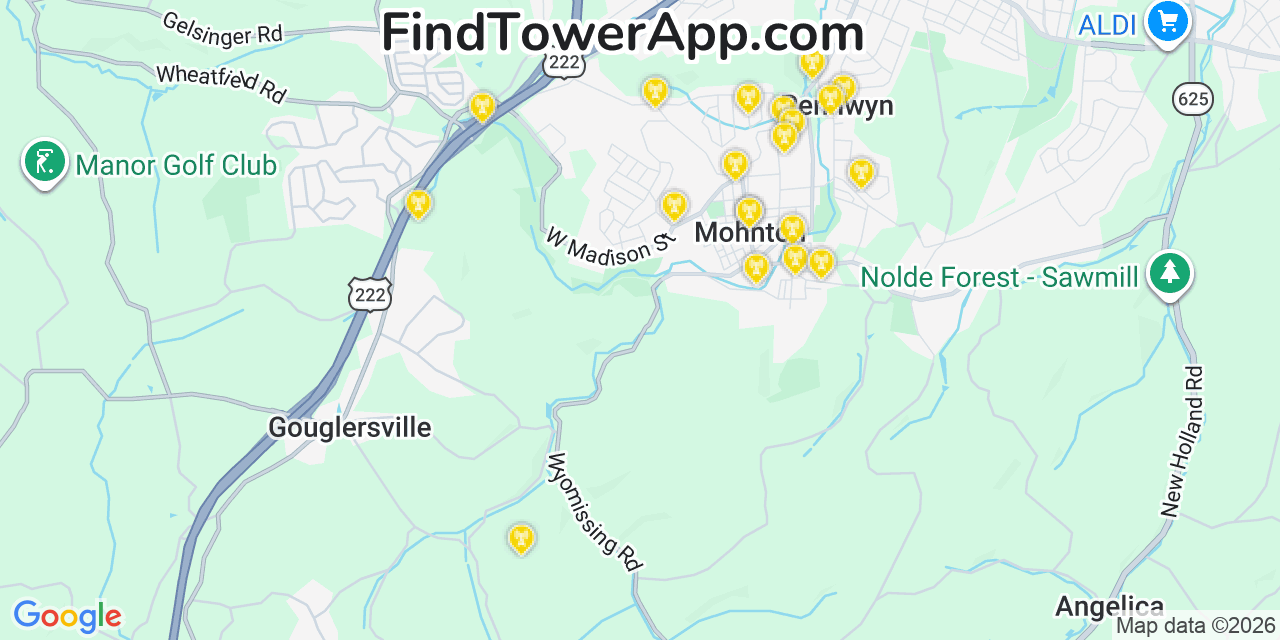 Map showing the 20 primary cell tower locations detected in Mohnton, Pennsylvania from AT&T, Verizon, and T-Mobile networks