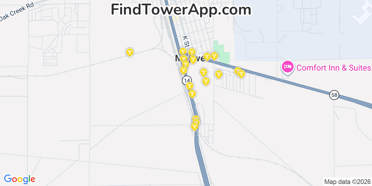 Map showing the 20 primary cell tower locations detected in Mojave, California from AT&T, Verizon, and T-Mobile networks