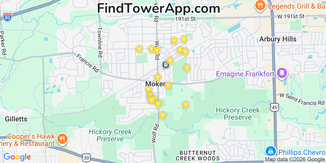Map showing the 20 primary cell tower locations detected in Mokena, Illinois from AT&T, Verizon, and T-Mobile networks