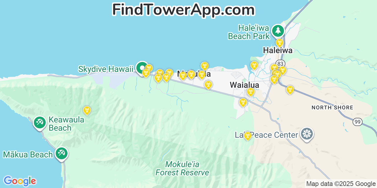 Map showing the 24 primary AT&T cell tower locations detected in Mokulēia, Hawaii with coverage radius and signal strength indicators