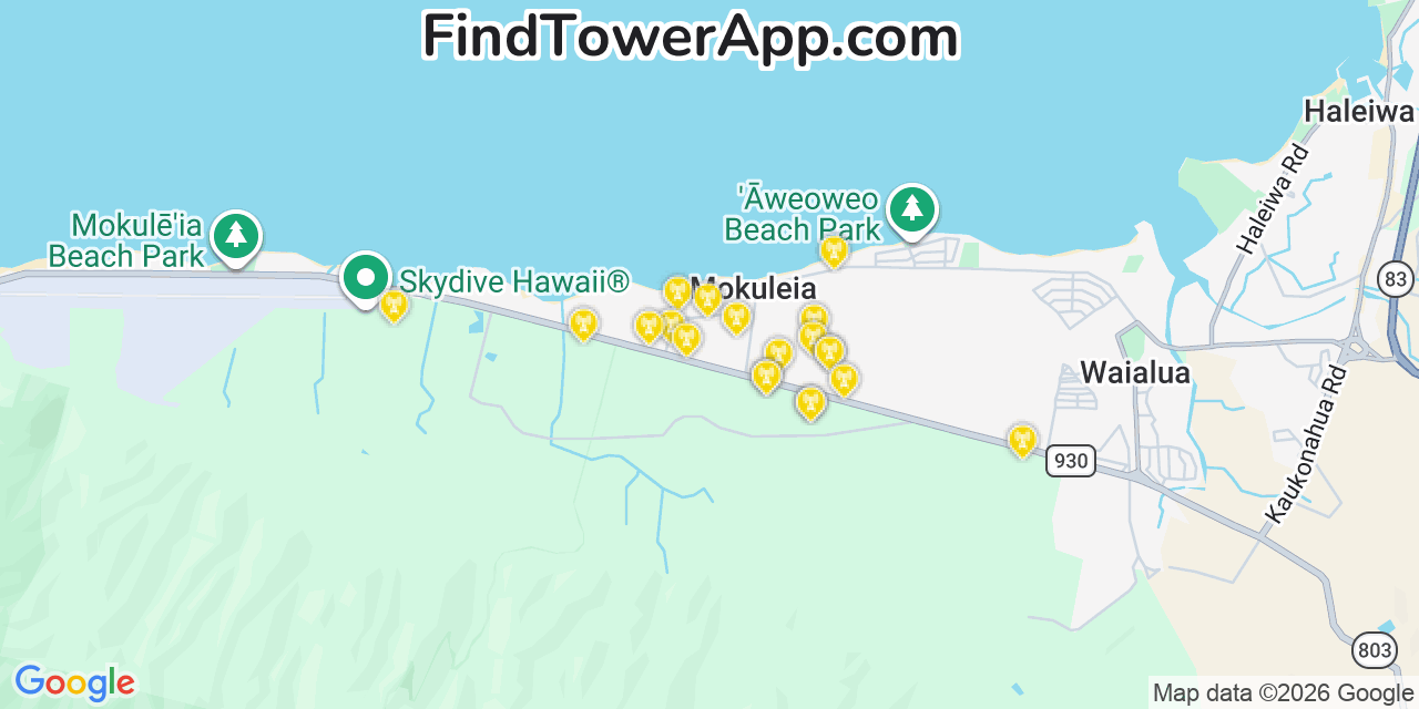 Map showing the 20 primary cell tower locations detected in Mokulēia, Hawaii from AT&T, Verizon, and T-Mobile networks