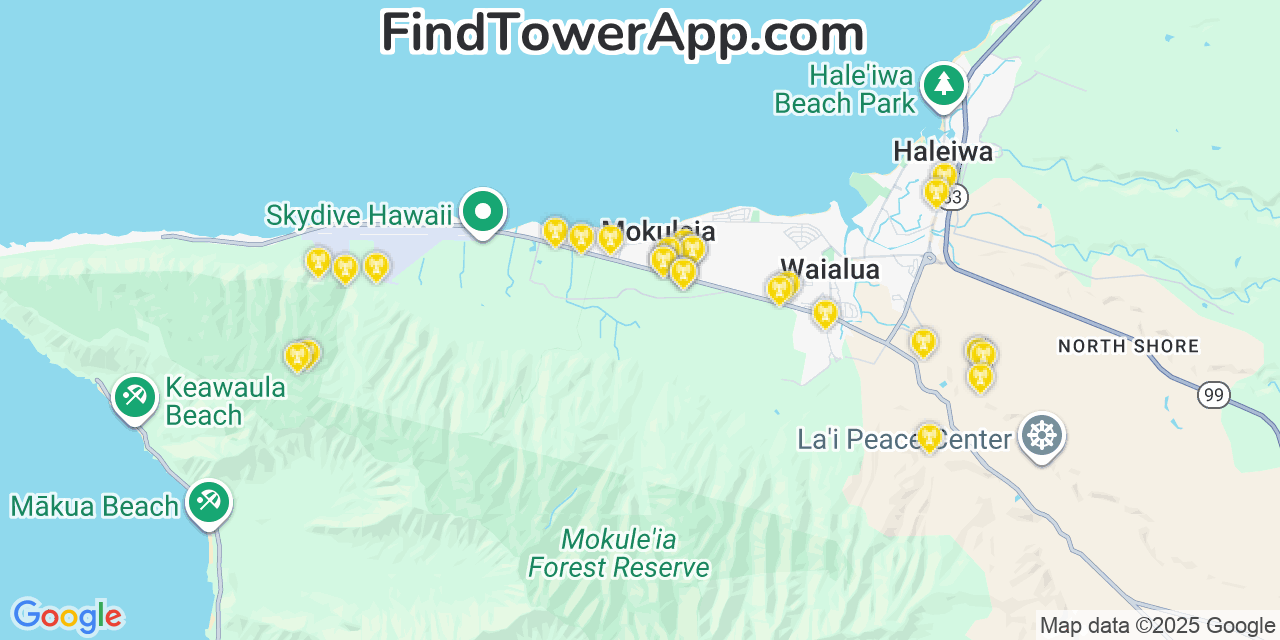 Map showing the 26 primary T-Mobile cell tower locations detected in Mokulēia, Hawaii with coverage radius and signal strength indicators